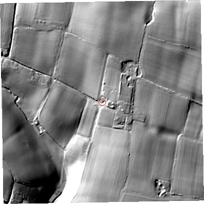 Shaded relief map of the ground around TA43JW, computed from Environment Agency LiDAR. The ground here sits at about 96 m above sea level and falls 26 m across the surrounding 800 m. Surface water reaching this point runs off ground lying to the east-north-east, 7.3 m higher.
