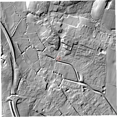 Shaded relief map of the ground around TA43LH, computed from Environment Agency LiDAR. The ground here sits at about 50 m above sea level and falls 19 m across the surrounding 800 m. Surface water reaching this point runs off ground lying to the west-south-west, 12.2 m higher.