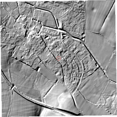 Shaded relief map of the ground around TA43LN, computed from Environment Agency LiDAR. The ground here sits at about 53 m above sea level and falls 15 m across the surrounding 800 m. Surface water reaching this point runs off ground lying to the west-south-west, 1.9 m higher.