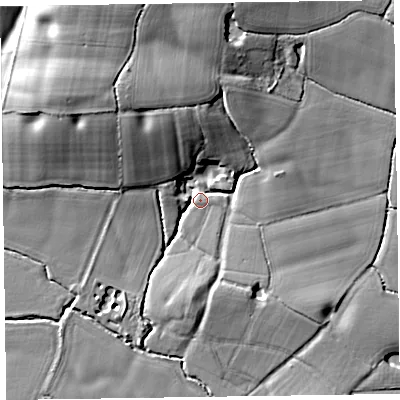 Shaded relief map of the ground around TA43LS, computed from Environment Agency LiDAR. The ground here sits at about 42 m above sea level and falls 20 m across the surrounding 800 m. Surface water reaching this point runs off ground lying to the north-north-west, 14.0 m higher.