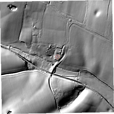 Shaded relief map of the ground around TA43LT, computed from Environment Agency LiDAR. The ground here sits at about 43 m above sea level and falls 21 m across the surrounding 800 m. Surface water reaching this point runs off ground lying to the north, 8.5 m higher.