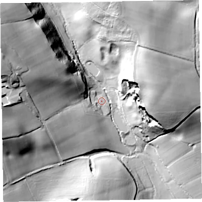 Shaded relief map of the ground around TA43NA, computed from Environment Agency LiDAR. The ground here sits at about 74 m above sea level and falls 60 m across the surrounding 800 m. Surface water reaching this point runs off ground lying to the north-west, 52.9 m higher.