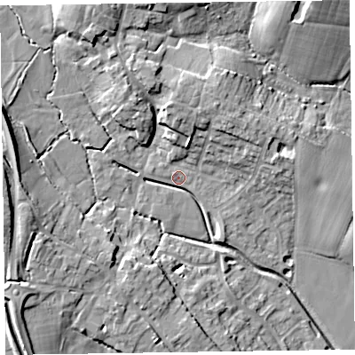 Shaded relief map of the ground around TA43NH, computed from Environment Agency LiDAR. The ground here sits at about 50 m above sea level and falls 18 m across the surrounding 800 m. Surface water reaching this point runs off ground lying to the west-south-west, 12.5 m higher.