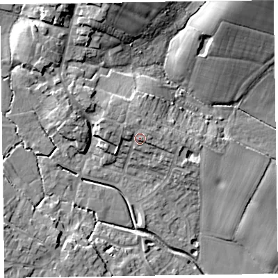 Shaded relief map of the ground around TA43NJ, computed from Environment Agency LiDAR. The ground here sits at about 56 m above sea level and falls 18 m across the surrounding 800 m. Surface water reaching this point runs off ground lying to the north, 2.8 m higher.