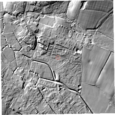 Shaded relief map of the ground around TA43NN, computed from Environment Agency LiDAR. The ground here sits at about 50 m above sea level and falls 15 m across the surrounding 800 m. Surface water reaching this point runs off ground lying to the north, 7.1 m higher.