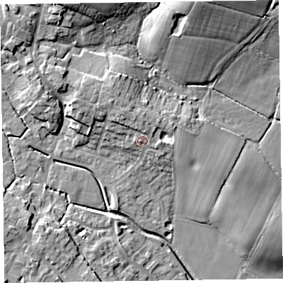 Shaded relief map of the ground around TA43NW, computed from Environment Agency LiDAR. The ground here sits at about 54 m above sea level and falls 16 m across the surrounding 800 m. Surface water reaching this point runs off ground lying to the north, 2.7 m higher.