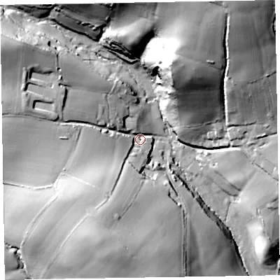 Shaded relief map of the ground around TA43PR, computed from Environment Agency LiDAR. The ground here sits at about 114 m above sea level and falls 64 m across the surrounding 800 m. Surface water reaching this point runs off ground lying to the west-north-west, 32.1 m higher.