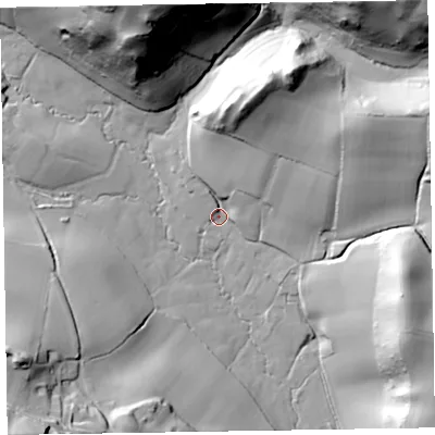 Shaded relief map of the ground around TA43RF, computed from Environment Agency LiDAR. The ground here sits at about 79 m above sea level and falls 68 m across the surrounding 800 m. Surface water reaching this point runs off ground lying to the north-north-east, 36.5 m higher.