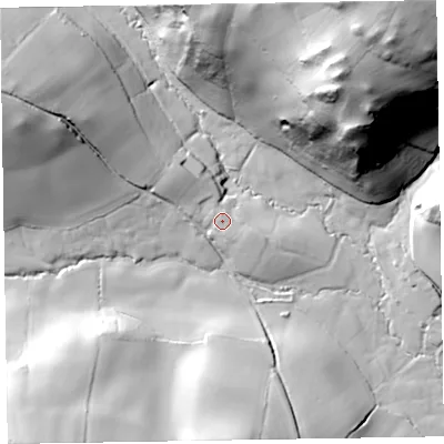 Shaded relief map of the ground around TA43RG, computed from Environment Agency LiDAR. The ground here sits at about 87 m above sea level and falls 78 m across the surrounding 800 m. Surface water reaching this point runs off ground lying to the north, 1.9 m higher.