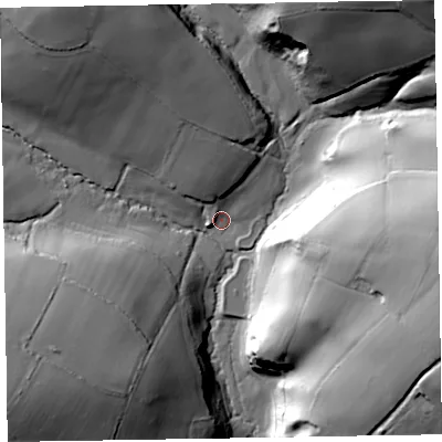 Shaded relief map of the ground around TA43RJ, computed from Environment Agency LiDAR. The ground here sits at about 93 m above sea level and falls 51 m across the surrounding 800 m. Surface water reaching this point runs off ground lying to the north, 12.5 m higher.
