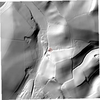 Shaded relief map of the ground around TA43TN, computed from Environment Agency LiDAR. The ground here sits at about 74 m above sea level and falls 62 m across the surrounding 800 m. Surface water reaching this point runs off ground lying to the south-south-east, 39.3 m higher.