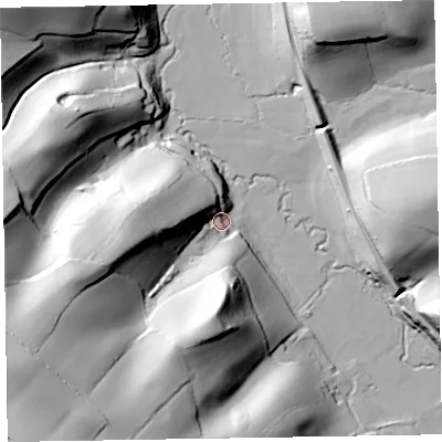 Shaded relief map of the ground around TA43TP, computed from Environment Agency LiDAR. The ground here sits at about 61 m above sea level and falls 61 m across the surrounding 800 m. Surface water reaching this point runs off ground lying to the south-west, 53.9 m higher.