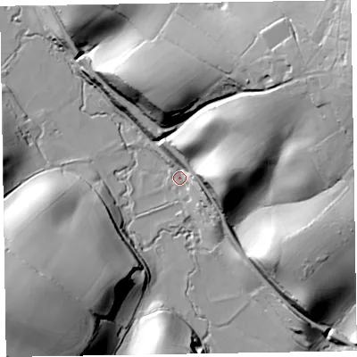 Shaded relief map of the ground around TA43TR, computed from Environment Agency LiDAR. The ground here sits at about 64 m above sea level and falls 52 m across the surrounding 800 m. Surface water reaching this point runs off ground lying to the east-north-east, 44.7 m higher.