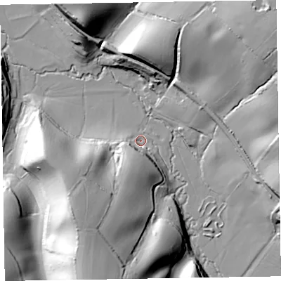 Shaded relief map of the ground around TA43TT, computed from Environment Agency LiDAR. The ground here sits at about 69 m above sea level and falls 53 m across the surrounding 800 m. Surface water reaching this point runs off ground lying to the south-south-west, 19.8 m higher.
