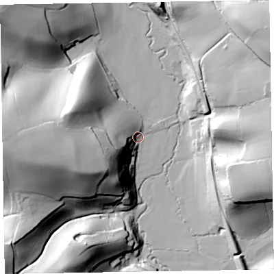 Shaded relief map of the ground around TA43TW, computed from Environment Agency LiDAR. The ground here sits at about 54 m above sea level and falls 63 m across the surrounding 800 m. Surface water reaching this point runs off ground lying to the west-south-west, 28.0 m higher.