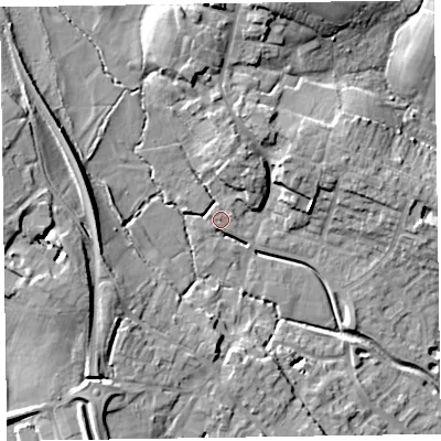Shaded relief map of the ground around TA43UD, computed from Environment Agency LiDAR. The ground here sits at about 51 m above sea level and falls 19 m across the surrounding 800 m. Surface water reaching this point runs off ground lying to the south-west, 3.0 m higher.