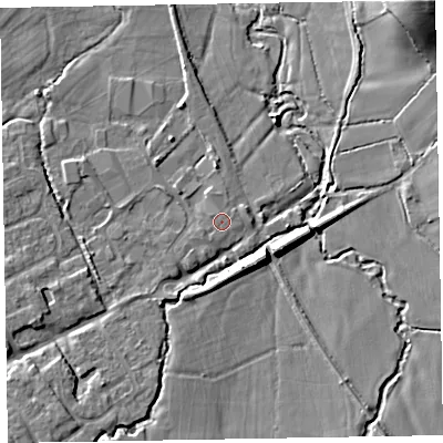 Shaded relief map of the ground around TA44AT, computed from Environment Agency LiDAR. The ground here sits at about 23 m above sea level and falls 26 m across the surrounding 800 m. Surface water reaching this point runs off ground lying to the south-south-west, 0.5 m higher.