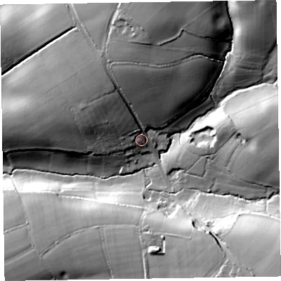 Shaded relief map of the ground around TA44AW, computed from Environment Agency LiDAR. The ground here sits at about 122 m above sea level and falls 41 m across the surrounding 800 m. Surface water reaching this point runs off ground lying to the north, 21.5 m higher.