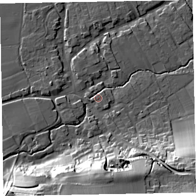 Shaded relief map of the ground around TA44AX, computed from Environment Agency LiDAR. The ground here sits at about 32 m above sea level and falls 39 m across the surrounding 800 m. Surface water reaching this point runs off ground lying to the west-south-west, 2.6 m higher.