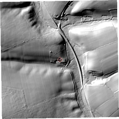 Shaded relief map of the ground around TA44BW, computed from Environment Agency LiDAR. The ground here sits at about 119 m above sea level and falls 68 m across the surrounding 800 m. Surface water reaching this point runs off ground lying to the north-west, 14.4 m higher.