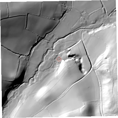 Shaded relief map of the ground around TA44HN, computed from Environment Agency LiDAR. The ground here sits at about 50 m above sea level and falls 71 m across the surrounding 800 m. Surface water reaching this point runs off ground lying to the south-south-east, 54.1 m higher.