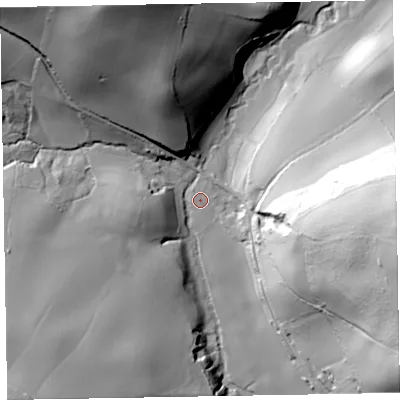 Shaded relief map of the ground around TA44HW, computed from Environment Agency LiDAR. The ground here sits at about 58 m above sea level and falls 81 m across the surrounding 800 m. Surface water reaching this point runs off ground lying to the east-south-east, 75.0 m higher.