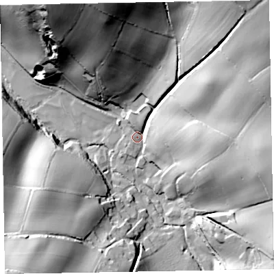 Shaded relief map of the ground around TA44JA, computed from Environment Agency LiDAR. The ground here sits at about 87 m above sea level and falls 64 m across the surrounding 800 m. Surface water reaching this point runs off ground lying to the north-east, 39.6 m higher.