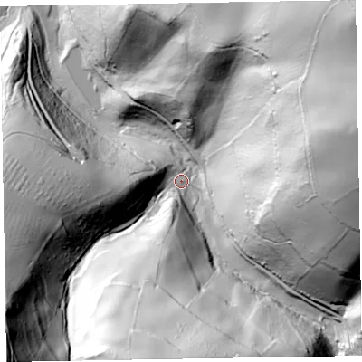 Shaded relief map of the ground around TA44JG, computed from Environment Agency LiDAR. The ground here sits at about 126 m above sea level and falls 133 m across the surrounding 800 m. Surface water reaching this point runs off ground lying to the east-north-east, 117.3 m higher.