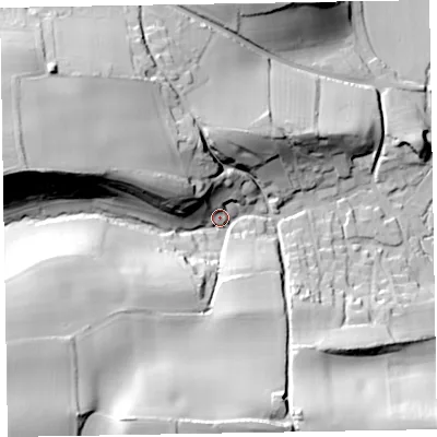 Shaded relief map of the ground around TA44JU, computed from Environment Agency LiDAR. The ground here sits at about 39 m above sea level and falls 54 m across the surrounding 800 m. Surface water reaching this point runs off ground lying to the south-west, 47.4 m higher.