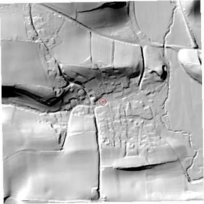 Shaded relief map of the ground around TA44JY, computed from Environment Agency LiDAR. The ground here sits at about 34 m above sea level and falls 49 m across the surrounding 800 m. Surface water reaching this point runs off ground lying to the south-west, 43.4 m higher.