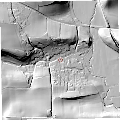 Shaded relief map of the ground around TA44LA, computed from Environment Agency LiDAR. The ground here sits at about 33 m above sea level and falls 49 m across the surrounding 800 m. Surface water reaching this point runs off ground lying to the south-west, 43.8 m higher.