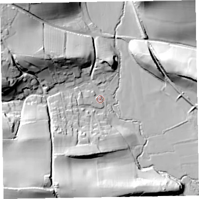 Shaded relief map of the ground around TA44LE, computed from Environment Agency LiDAR. The ground here sits at about 33 m above sea level and falls 46 m across the surrounding 800 m. Surface water reaching this point runs off ground lying to the west, 2.8 m higher.
