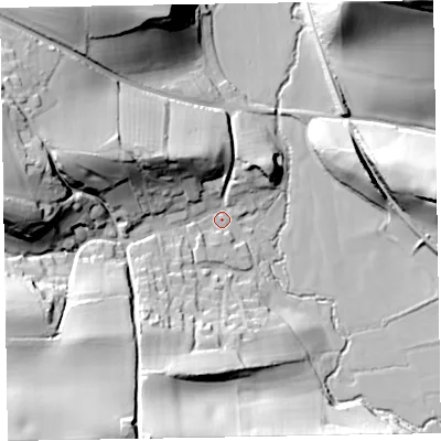Shaded relief map of the ground around TA44LG, computed from Environment Agency LiDAR. The ground here sits at about 32 m above sea level and falls 48 m across the surrounding 800 m. Surface water reaching this point runs off ground lying to the south-west, 42.0 m higher.