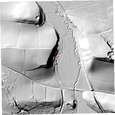 Shaded relief map of the ground around TA44LJ, computed from Environment Agency LiDAR. The ground here sits at about 28 m above sea level and falls 56 m across the surrounding 800 m. Surface water reaching this point runs off ground lying to the south-west, 34.7 m higher.