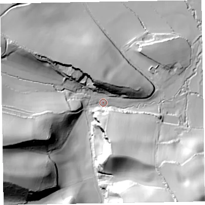 Shaded relief map of the ground around TA44LS, computed from Environment Agency LiDAR. The ground here sits at about 46 m above sea level and falls 56 m across the surrounding 800 m. Surface water reaching this point runs off ground lying to the south-west, 50.0 m higher.