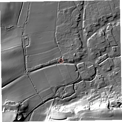 Shaded relief map of the ground around TA44NJ, computed from Environment Agency LiDAR. The ground here sits at about 33 m above sea level and falls 36 m across the surrounding 800 m. Surface water reaching this point runs off ground lying to the south-west, 26.6 m higher.