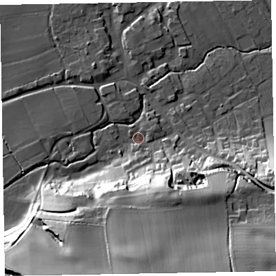 Shaded relief map of the ground around TA44NR, computed from Environment Agency LiDAR. The ground here sits at about 32 m above sea level and falls 49 m across the surrounding 800 m. Surface water reaching this point runs off ground lying to the south, 42.9 m higher.