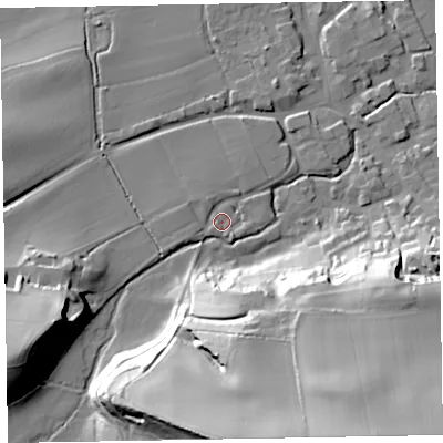Shaded relief map of the ground around TA44NS, computed from Environment Agency LiDAR. The ground here sits at about 34 m above sea level and falls 50 m across the surrounding 800 m. Surface water reaching this point runs off ground lying to the west-south-west, 2.3 m higher.
