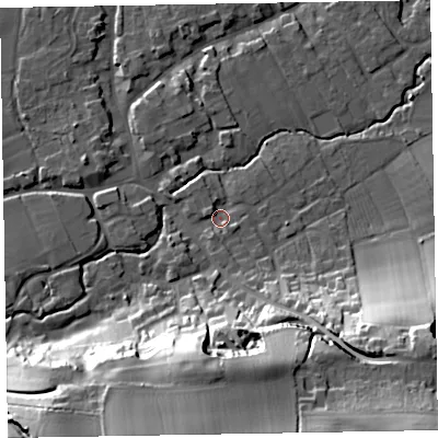 Shaded relief map of the ground around TA44NX, computed from Environment Agency LiDAR. The ground here sits at about 31 m above sea level and falls 43 m across the surrounding 800 m. Surface water reaching this point runs off ground lying to the south, 2.7 m higher.