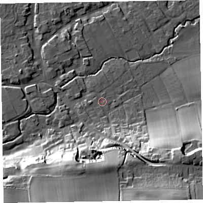 Shaded relief map of the ground around TA44NY, computed from Environment Agency LiDAR. The ground here sits at about 31 m above sea level and falls 44 m across the surrounding 800 m. Surface water reaching this point runs off ground lying to the south, 4.8 m higher.