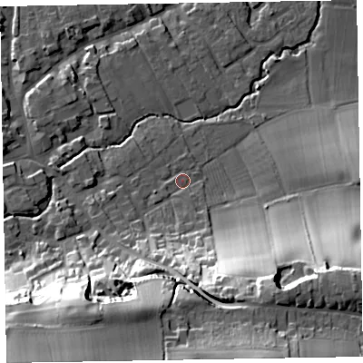 Shaded relief map of the ground around TA44PB, computed from Environment Agency LiDAR. The ground here sits at about 30 m above sea level and falls 42 m across the surrounding 800 m. Surface water reaching this point runs off ground lying to the south, 20.8 m higher.