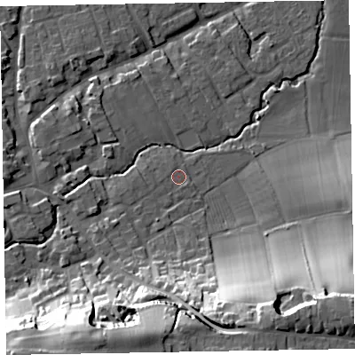 Shaded relief map of the ground around TA44PF, computed from Environment Agency LiDAR. The ground here sits at about 30 m above sea level and falls 39 m across the surrounding 800 m. Surface water reaching this point runs off ground lying to the south-south-west, 6.3 m higher.