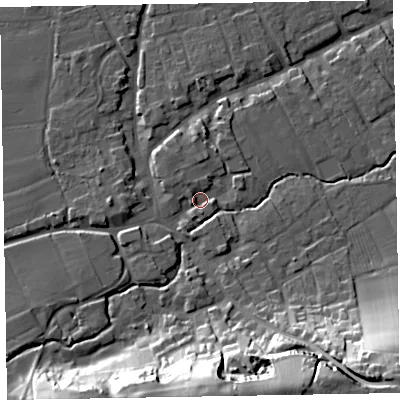 Shaded relief map of the ground around TA44PG, computed from Environment Agency LiDAR. The ground here sits at about 30 m above sea level and falls 38 m across the surrounding 800 m. Surface water reaching this point runs off ground lying to the south, 32.8 m higher.