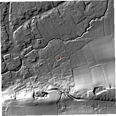 Shaded relief map of the ground around TA44PQ, computed from Environment Agency LiDAR. The ground here sits at about 30 m above sea level and falls 41 m across the surrounding 800 m. Surface water reaching this point runs off ground lying to the south-south-west, 1.9 m higher.