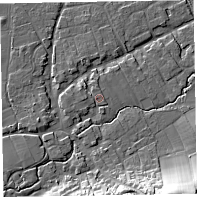 Shaded relief map of the ground around TA44QE, computed from Environment Agency LiDAR. The ground here sits at about 30 m above sea level and falls 29 m across the surrounding 800 m. Surface water reaching this point runs off ground lying to the south-west, 1.3 m higher.