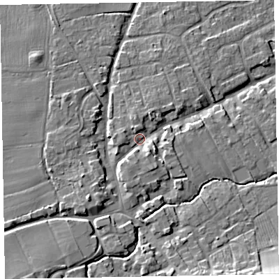 Shaded relief map of the ground around TA44QN, computed from Environment Agency LiDAR. The ground here sits at about 29 m above sea level and falls 13 m across the surrounding 800 m. Surface water reaching this point runs off ground lying to the south-south-west, 5.1 m higher.