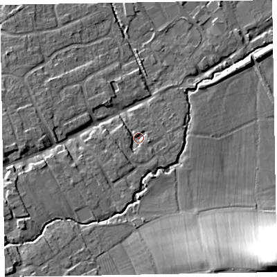 Shaded relief map of the ground around TA44QR, computed from Environment Agency LiDAR. The ground here sits at about 25 m above sea level and falls 30 m across the surrounding 800 m. Surface water reaching this point runs off ground lying to the west, 2.1 m higher.
