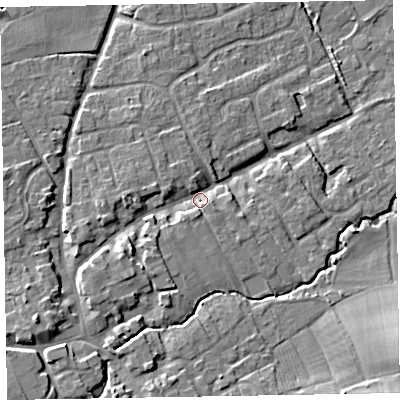 Shaded relief map of the ground around TA44QU, computed from Environment Agency LiDAR. The ground here sits at about 27 m above sea level and falls 12 m across the surrounding 800 m. Surface water reaching this point runs off ground lying to the south-west, 7.4 m higher.