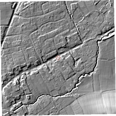 Shaded relief map of the ground around TA44QY, computed from Environment Agency LiDAR. The ground here sits at about 26 m above sea level and falls 18 m across the surrounding 800 m. Surface water reaching this point runs off ground lying to the west-south-west, 7.4 m higher.