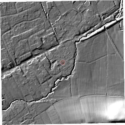 Shaded relief map of the ground around TA44RB, computed from Environment Agency LiDAR. The ground here sits at about 25 m above sea level and falls 33 m across the surrounding 800 m. Surface water reaching this point runs off ground lying to the west-south-west, 1.4 m higher.